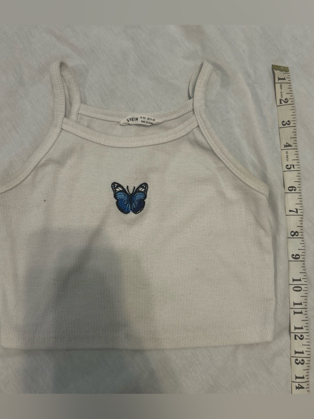 SHEIN White Ribbed Tank Top with Blue Butterfly Embroidery